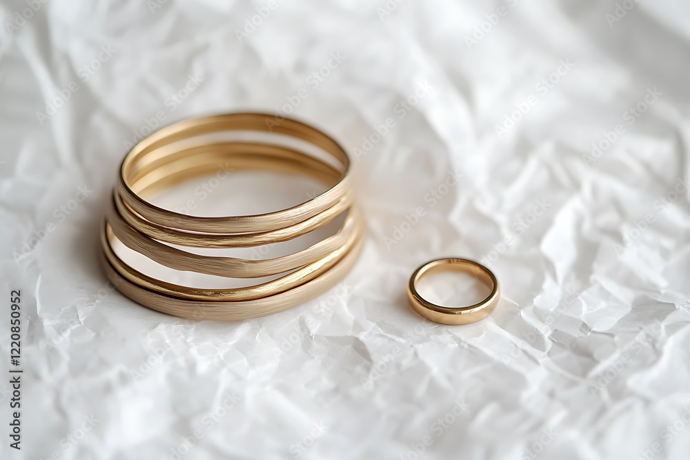 Stacked golden bangles with a raw finish beside a minimalist circular ring on a white crumpled paper texture. Stacked golden bangles with a raw finish beside a minimalist circular ring on a white crumpled paper texture.