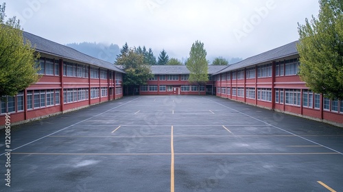 A large outdoor basketball court surrounded by red brick buildings with trees on either side and a foggy mountainous landscape in the background.