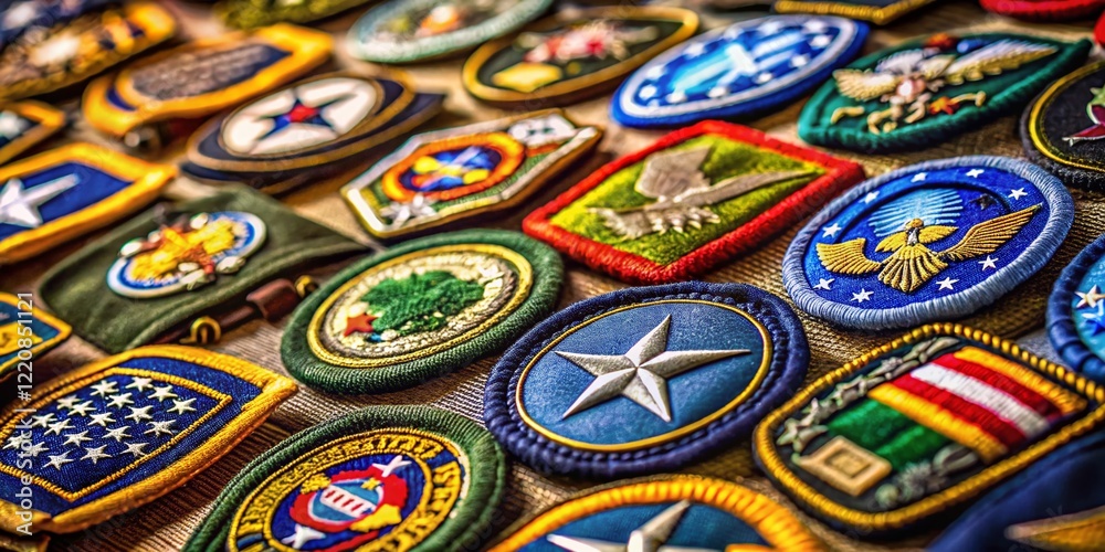Military Patch Badges Collection: Close-up with Bokeh Background Military Patch Badges Collection: Close-up with Bokeh Background
