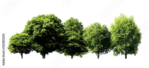Vector Green Trees illustration, foliage, summer forest, transparent background, cut path, alpha channel for print, web design, eco-friendly nature graphics