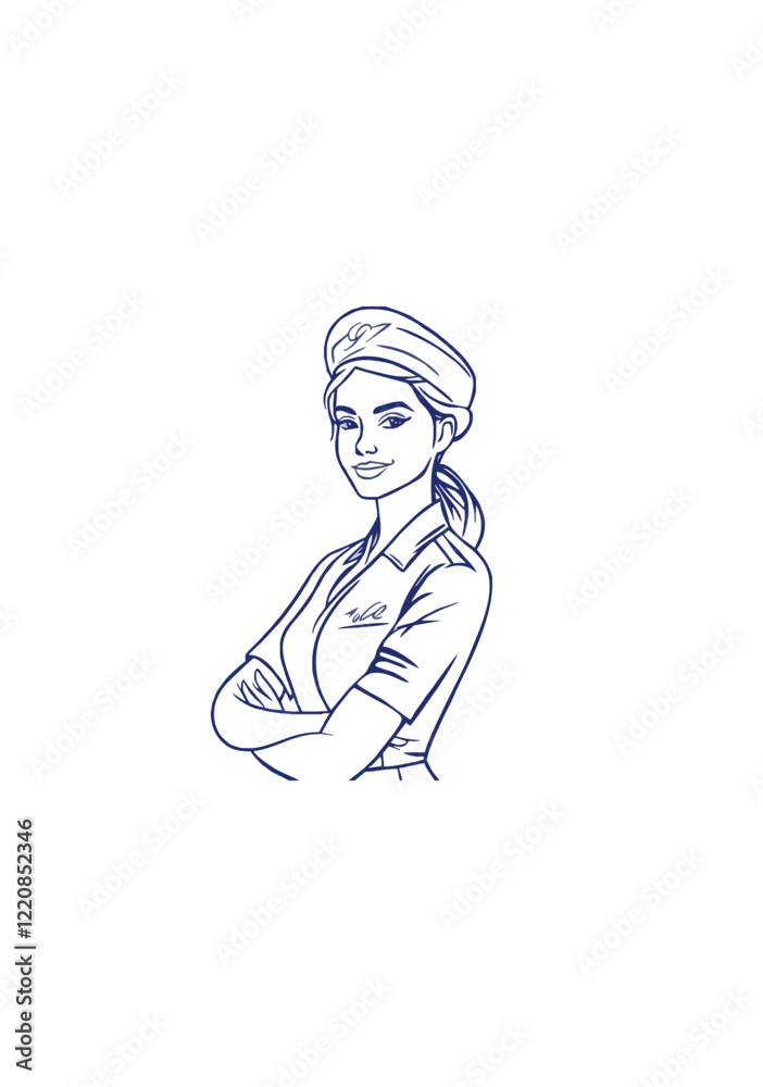 Confident Female Worker in Uniform, Blue Line Vector Art on Transparent Background Confident Female Worker in Uniform, Blue Line Vector Art on Transparent Background