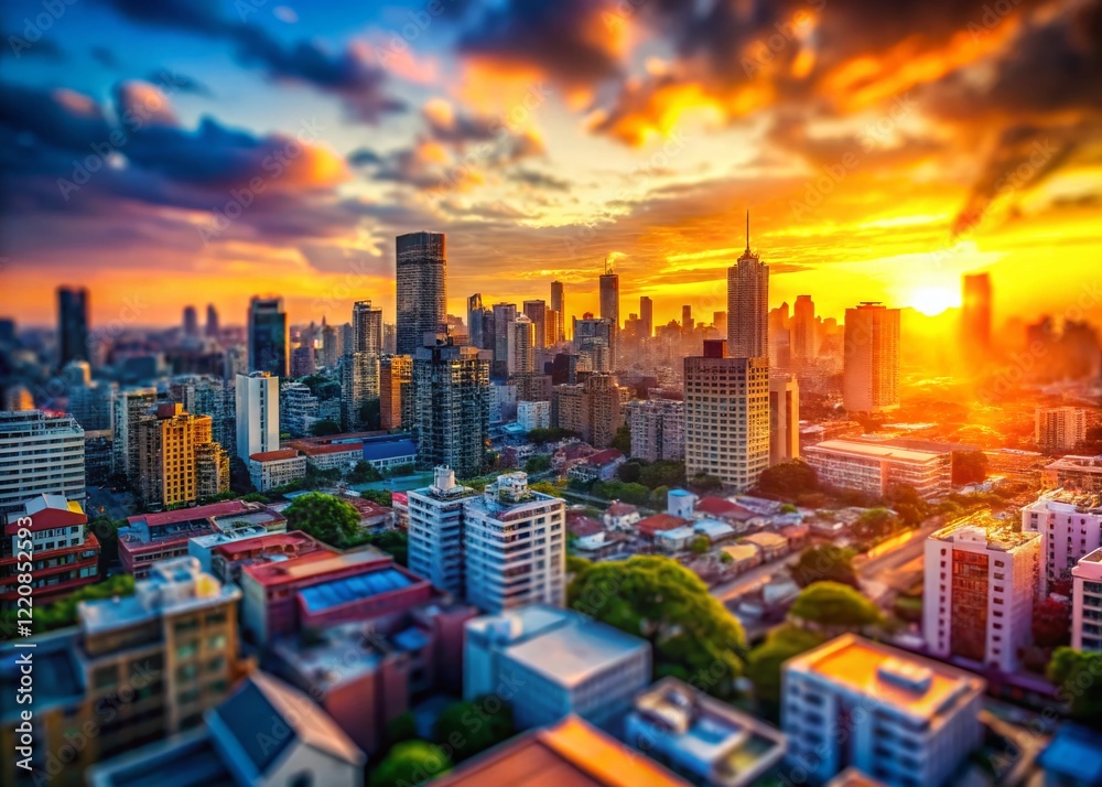 Fototapeta premium Miniature Cityscape: Tilt-Shift Urban Scene at Sunset, Vibrant Colors