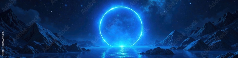 Fototapeta premium A glowing blue portal opens into an infinite blue void, cosmic, mystery, infinite