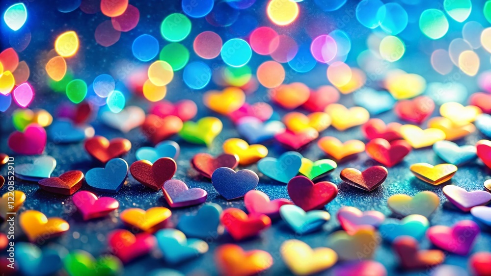 Miniature Colorful Heart Shapes, Blue Background, Tilt-Shift Photography Miniature Colorful Heart Shapes, Blue Background, Tilt-Shift Photography