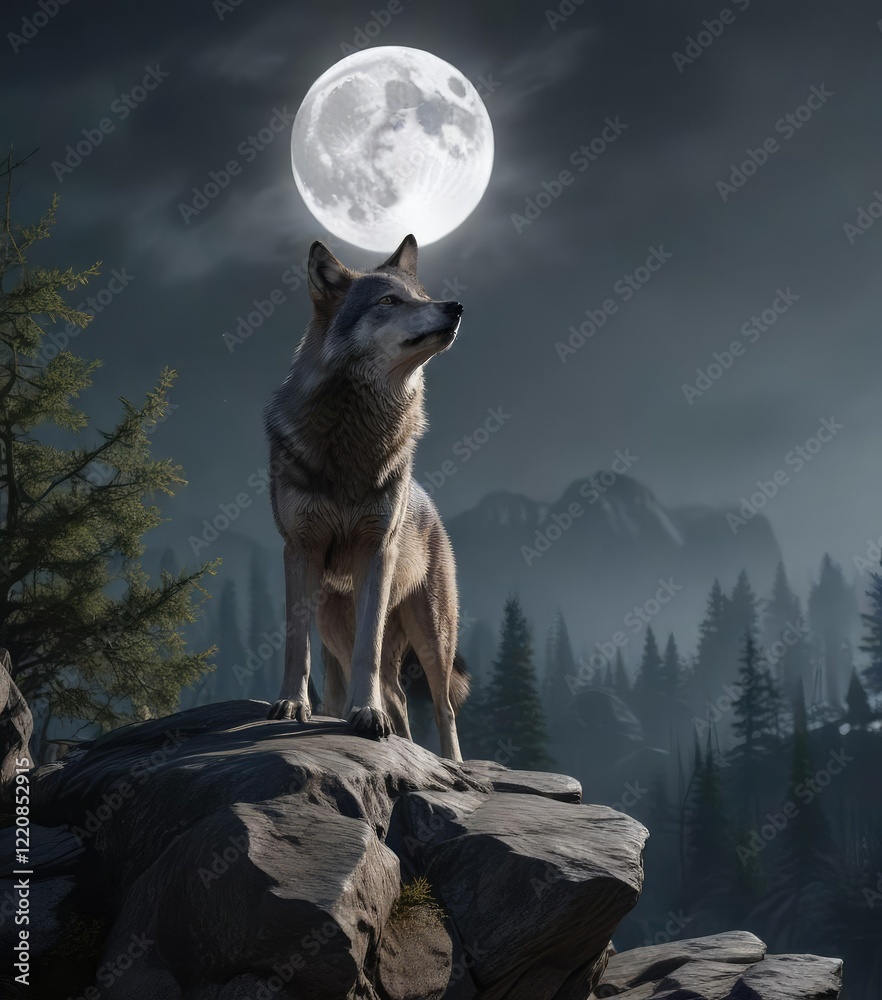 A large gray wolf stands on a rocky cliff edge, looking out at the full moon rising over the forest landscape, landscape, wilderness, nature A large gray wolf stands on a rocky cliff edge, looking out at the full moon rising over the forest landscape, landscape, wilderness, nature