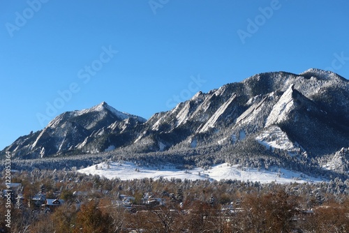 Flatirons mountains after fall snowfall, Boulder, Colorado photo