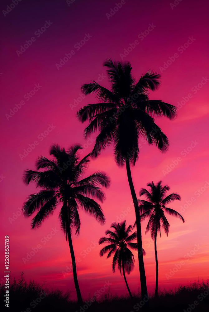 Silhouettes of tall palm trees against sunset bright pink and purple sky in glamorous kitsch style. Tropical landscape. A modern concept for design. Silhouettes of tall palm trees against sunset bright pink and purple sky in glamorous kitsch style. Tropical landscape. A modern concept for design.