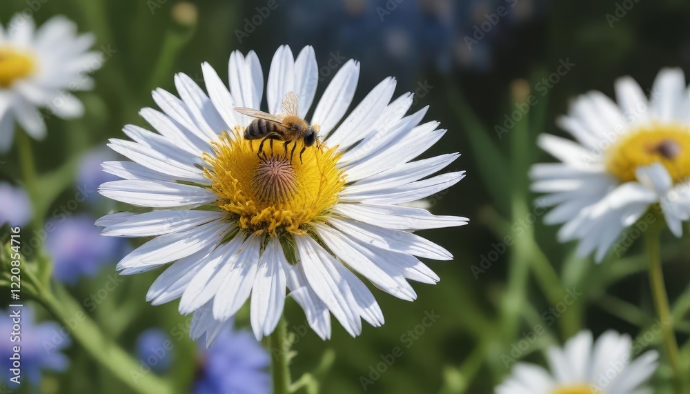 A lone honey bee perches on a white cornflower with delicate blue and yellow markings, bee behavior , insect photography, insect