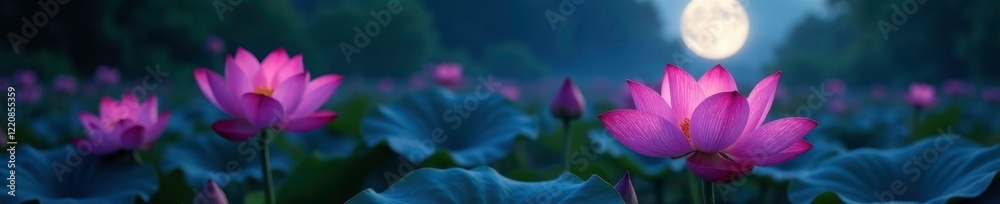 Fototapeta premium Full moon casting a silver glow on lotus flowers, natural light, , flowers