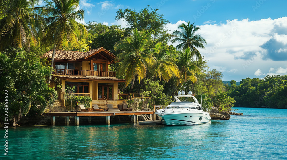 A waterfront villa with a private dock and a yacht moored nearby, surrounded by palm trees and turquoise waters A waterfront villa with a private dock and a yacht moored nearby, surrounded by palm trees and turquoise waters