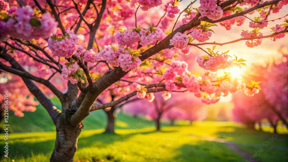 Miniature Spring Landscape: Pink Blooming Tree, Tilt-Shift Photography Miniature Spring Landscape: Pink Blooming Tree, Tilt-Shift Photography