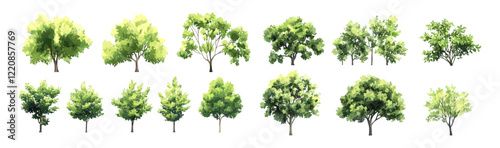 Vector green tree illustration in watercolor, side view isolated on white, perfect for landscape and garden design, architecture drawing, shrub elements for environmental section.