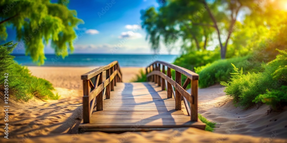 Obraz premium Miniature Wooded Beach Bridge: Charming Tilt-Shift Seascape