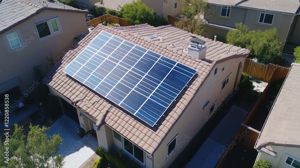 Aerial view of a house with solar panels on the roof, showcasing renewable energy Aerial view of a house with solar panels on the roof, showcasing renewable energy