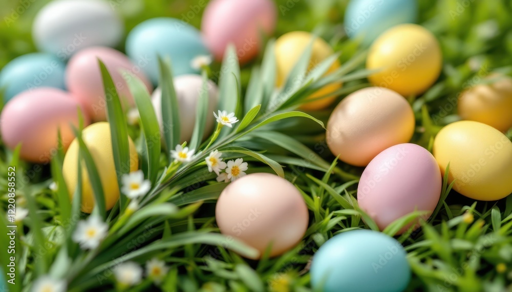 Colorful easter eggs scattered on green grass with small white flowers Colorful easter eggs scattered on green grass with small white flowers