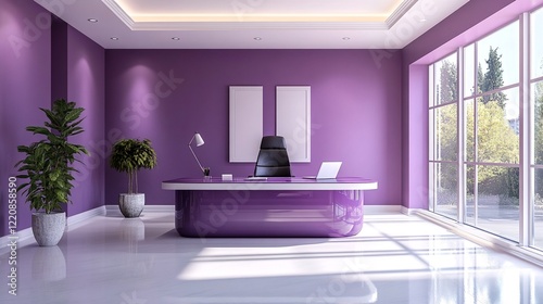 Wallpaper Mural The office space features a sleek and modern purple desk with a matching wall, complemented by white floors and accentuated by two potted plants. Torontodigital.ca