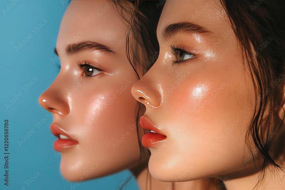 A close up view showcasing the faces of two women against a blue background A close up view showcasing the faces of two women against a blue background