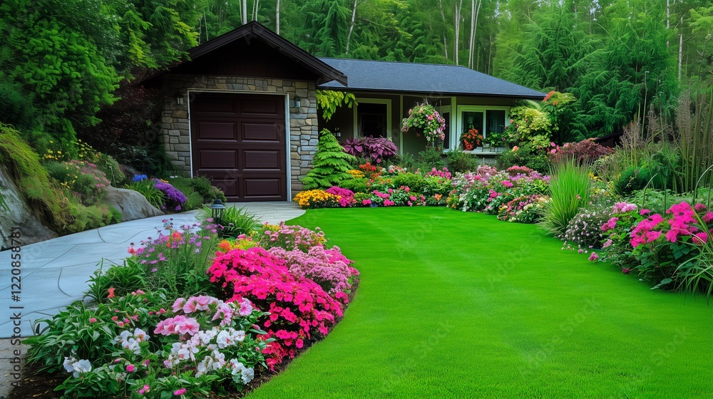 Naklejka premium Beautiful garden landscape surrounding a charming house in spring, garden photography with copy space for real state advertisement