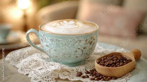 Elegant cappuccino in ornate teacup with lace doily and coffee beans photo