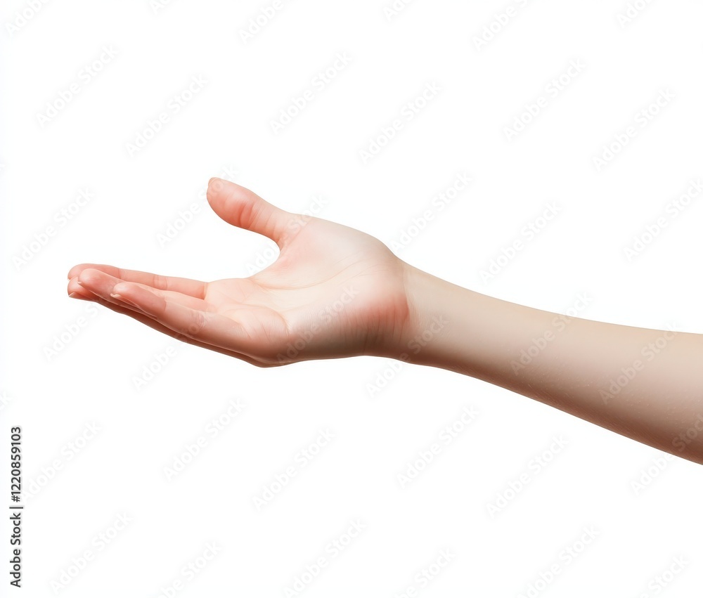 A womans hand reaches out towards something on a white background A womans hand reaches out towards something on a white background