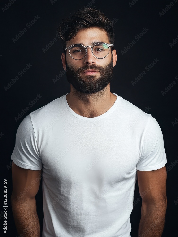 A stylish man with a beard, wearing a plain white t-shirt and trendy clear glasses, posed naturally against a stark black background. A stylish man with a beard, wearing a plain white t-shirt and trendy clear glasses, posed naturally against a stark black background.