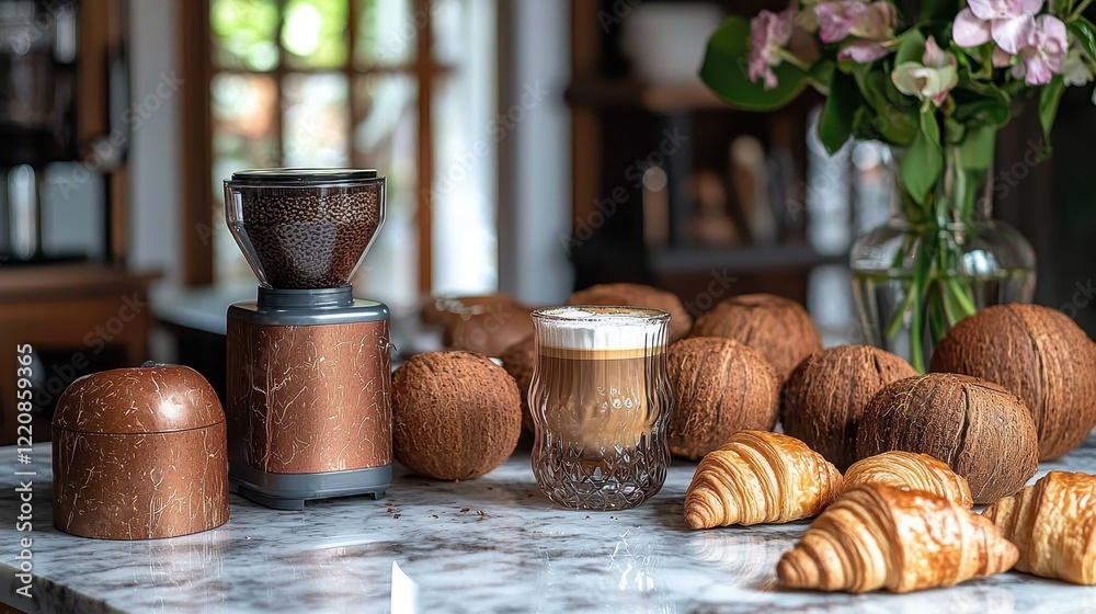 Fototapeta premium Cozy breakfast scene with coffee grinder, croissants, and coconuts on marble countertop