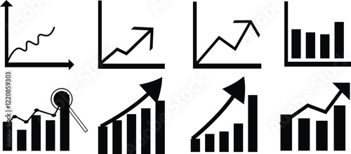  business growth charts, upward trending graphs, financial statistics, minimalist design, arrow symbols, bar charts, line graphs, simplified infographic element