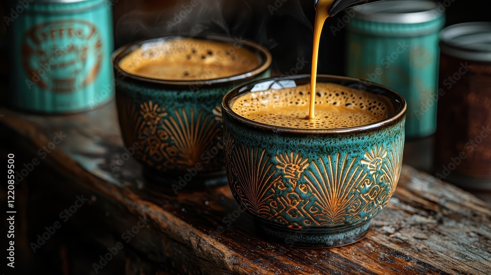 Steaming espresso pouring into ornate ceramic cups on rustic wooden table Steaming espresso pouring into ornate ceramic cups on rustic wooden table