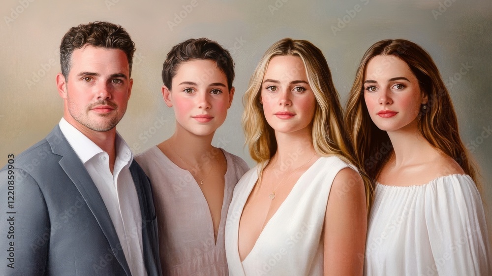 Obraz premium Portrait of Four Young Adults in Elegant Attire with Soft Background