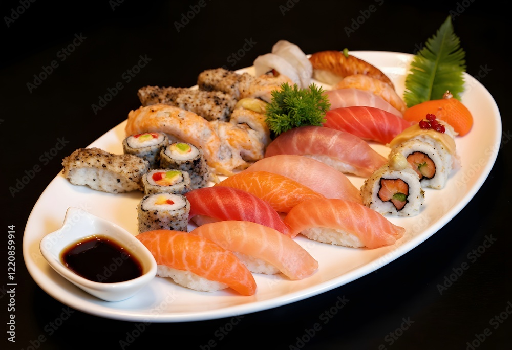 A meticulously arranged sushi platter featuring nigiri, sashimi, and rolls with bright accents of wasabi, pickled ginger, and soy sauce A meticulously arranged sushi platter featuring nigiri, sashimi, and rolls with bright accents of wasabi, pickled ginger, and soy sauce
