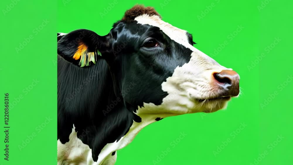 Cow Chewing isolated on a green screen. Large black white cow animal walking on green background. backdrop. Farm animals on chroma key backdrop. Character animation. Farming and agriculture. 4K video Cow Chewing isolated on a green screen. Large black white cow animal walking on green background. backdrop. Farm animals on chroma key backdrop. Character animation. Farming and agriculture. 4K video