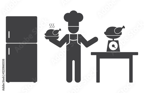 chef with chiken on scales and fridge icon