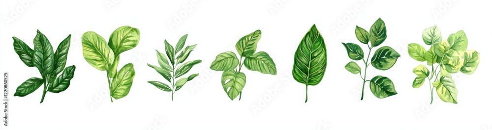 A beautiful set of vibrant green leaves placed on a white background A beautiful set of vibrant green leaves placed on a white background