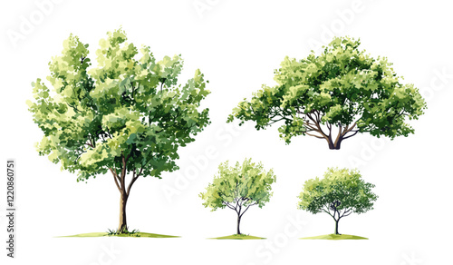 Watercolor vector green tree or forest side view isolated on white, landscape and architecture drawing elements, shrub section for garden and environment, eco-friendly design