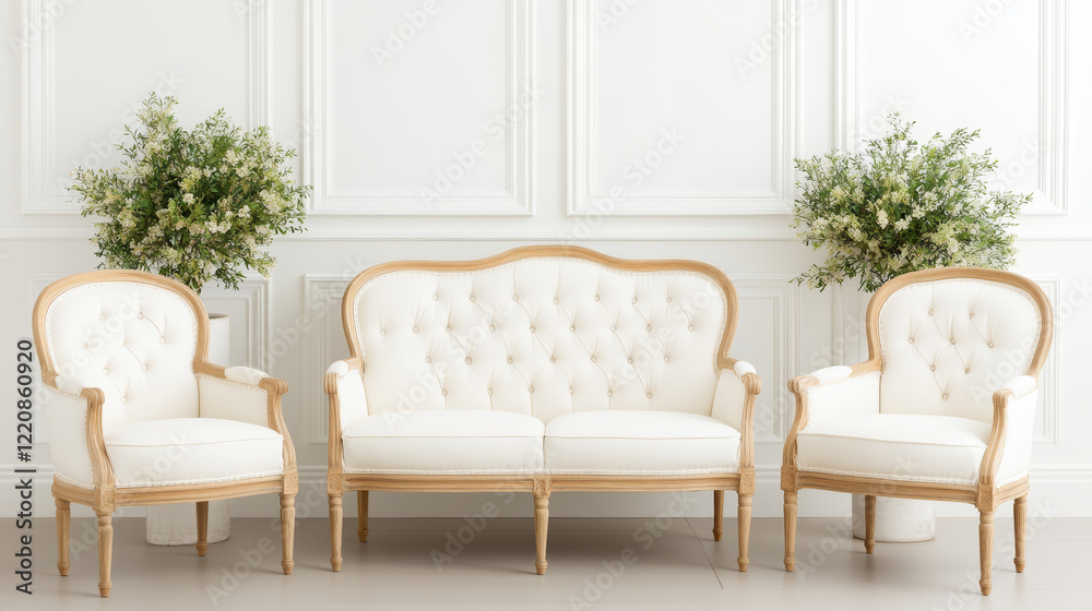Fototapeta premium Elegant vintage sofa set with white upholstery and wooden accents, perfect for stylish living room or event space. arrangement includes central sofa and two matching armchairs, surrounded by