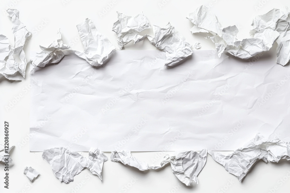 Obraz premium Crumpled paper surrounds blank sheet, creating textured frame