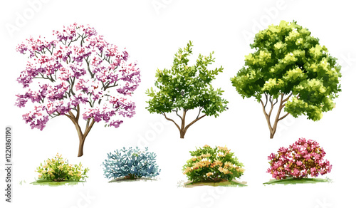Vector watercolor blooming flower tree side view isolated on white background, botanical elements for spring, landscape drawing, garden elements, environment section