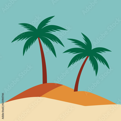 Two palm trees on either side and a hill in the middle