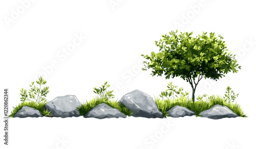 Green tree vector illustration, watercolor style of forest side view on white background, garden shrub for environmental architecture, landscape drawing elements for section design.