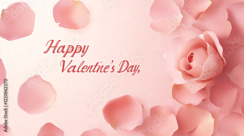 A Stunning High - Resolution, High - Quality, and High - Detail Digital Creation for Valentine's Day. It Boasts a Soft Pink Background Adorned with Delicate Rose Petals and the Cheerful 