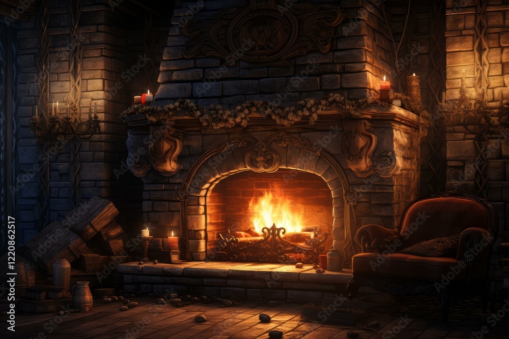 Christmas garland hangs above a burning fireplace in a cozy medieval tavern interior at night Christmas garland hangs above a burning fireplace in a cozy medieval tavern interior at night