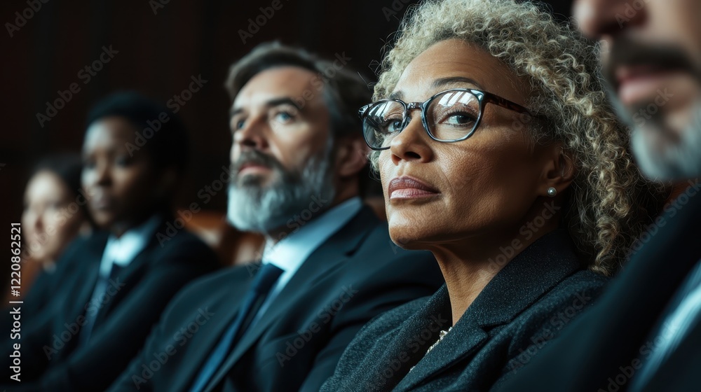 This image captures a diverse group of attentive jurors in a courtroom, reflecting their serious engagement with the legal proceedings happening before them. This image captures a diverse group of attentive jurors in a courtroom, reflecting their serious engagement with the legal proceedings happening before them.