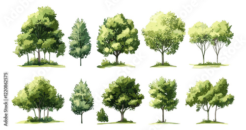 Side view vector illustration of green tree, watercolor style forest isolated on white background, landscape and architecture elements for environment, garden shrub design.