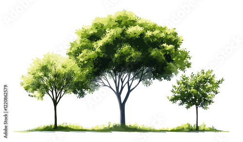 Watercolor green tree vector, isolated on white background, landscape architecture drawing, forest side view, garden design, shrub section, environment art, eco-friendly landscape elements