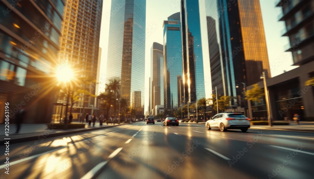 Obraz premium Urban skyline with skyscrapers and cars at sunset
