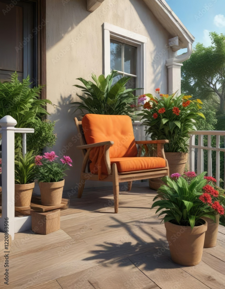 Naklejka premium A plush armchair on a porch with a wooden railing and potted plants surrounding it , porch, armchair, garden decor