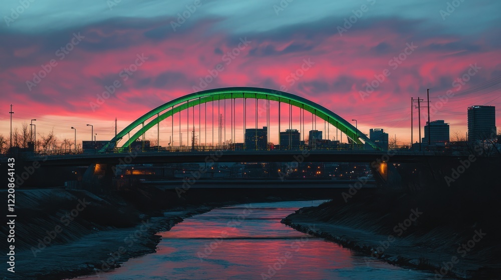 Naklejka premium Cityscape Bridge Sunset River Reflection Buildings