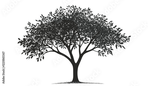 Isolated black tree silhouette on a white background, vector illustration of a tree, artistic silhouette, tree art, simple black and white tree vector, elegant nature design, minimalist tree.