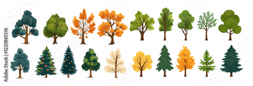 Cartoon tree vector set, coniferous and deciduous meadow trees, simple flat forest flora, oak pine Christmas tree, agricultural garden, nature park plants
