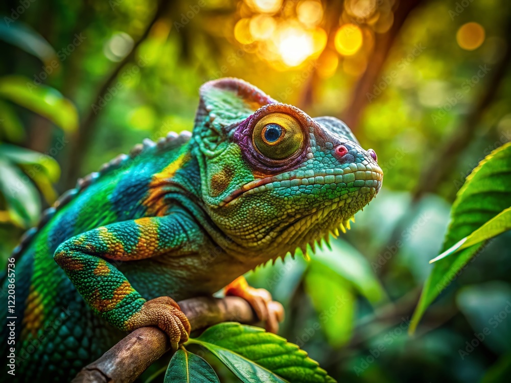 Obraz premium Aerial Drone Shot of Chameleon Camouflaged on Tree Branch in Lush Forest